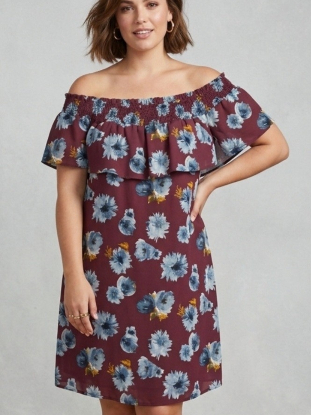 Altar'd State Burgundy Floral Off-Shoulder Dress